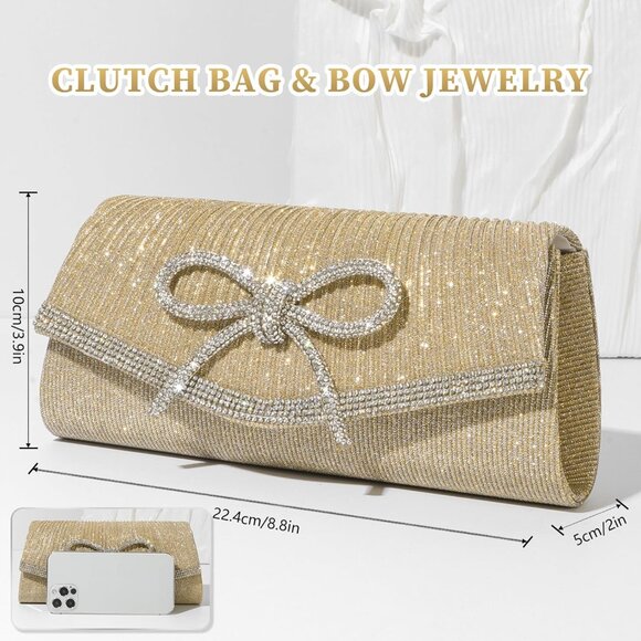 Gold Rhinestone Bow Evening Clutch Bag for Prom Wedding Formal Party - Picture 3 of 5